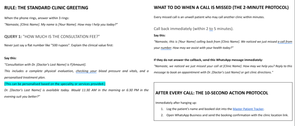 Call Scripts to help Front Desk answer queries in a way that calls turn into bookings.